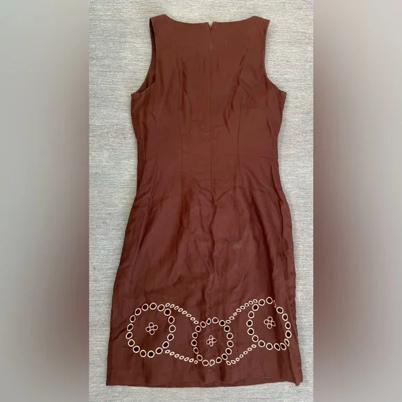 SAAC MIZRAH Brown Eyelet Linen Knee length Dress Size 10 - Picture 7 of 16